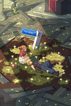 a cartoon character laying on the ground next to a street sign