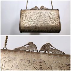 "Antique 1900s Metal Hard Shell Bag Purse  with BIRDS Opening Clasp  Pillow Purse  Silver color  Embossed Engraved Metal  Early 1900s  Collectible  Not sure what metal - color vary from Silver to Brass maybe it can be polished  Thick Velvet lining - can be glued back into place  Art Deco Victorian era - gorgeous bag!   Measurements approximately : Open : 6 3/4\" Long  5\" Tall with birds ( without handle )  2 1/4\" Wide 15\" Long Chain  Sale Terms & Methods of Payment: *AS IS - ALL SALES ARE FINAL  * Please Read our Policy for Further Informations  * Please ask questions before purchase * Please email us if you require insurance as we do not automatically include it in the postage price Thanks for Looking! #.0 15" Pillow Purse, Victorian Purses, January 2nd, Shell Bag, Engraved Metal, Bag Measurements, Metal Engraving, Gorgeous Bags, Early 1900s