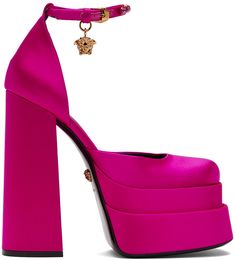 Silk-blend satin platform heels in pink. Signature Medusa charm and crystal-cut accents at adjustable pin-buckle ankle-strap. · Square toe · Logo-embossed goatskin footbed · Covered platform midsole and block heel · Signature Medusa hardware at polished calfskin outsole · Gold-tone hardware · Platform: H2.5 in · Heel: H6.25 in Supplier color: Fuchsia Medusa Aevitas Platform, Pink Medusa, Satin Platform Heels, Magenta Heels, Purple High Heels, Pink Platform Heels, Purple Sandals, Versace Pink, Pink Platforms