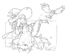 a drawing of a girl with two birds on her arm and one bird flying over her head