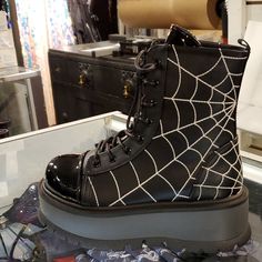 Amazing Boots With A Slight Platform The Perfect Spooky Goth Look. Spider Boots, Shoes Demonia, Emo Boots, Pretty Heels, Demonia Shoes, Goth Look, Shoe Inspo, Swag Shoes, How To Make Clothes