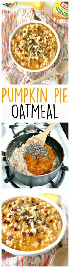 pumpkin pie oatmeal in a skillet with text overlay that reads, pumpkin pie oatmeal