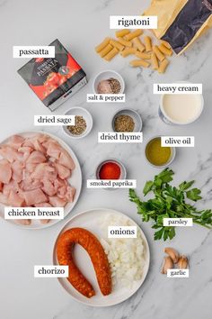 the ingredients for an italian sausage recipe laid out on a white marble counter top with text