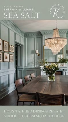 a dining room table with chairs and a chandelier hanging from it's ceiling