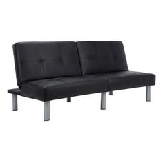 a black leather couch with metal legs