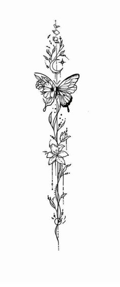 a tattoo design with flowers and a butterfly on the cross, which is drawn in black ink