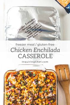 chicken enchilada casserole in a baking dish