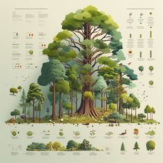 an illustrated tree with many different types of trees in the forest and on top of it