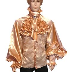 Fall Satin Top With Ruffles, Fall Satin Ruffled Tops, Fall Satin Ruffle Tops, Classic Formal Shirt With Ruffles, Formal Shirt With Ruffles, Formal Satin Tops, Formal Satin Blouse With Ruffles, Elegant Ruffled Shirt For Party, Fitted Gold Blouse With Ruffles