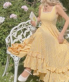 dress is linked + discount is added automatically through link <3 #affiliate 

yellow gingham dress, cottagecore, cottage garden, sundress, summer maxi dress, long summertime outfit, spring summer style, lace trim, coquette, soft girl aesthetic, princesscore, springtime, lemon, white french rococo bistro garden furniture, mary janes, blonde curly hair, reading, book, princess fashion, jessakae Yellow Coquette Outfit, Gingham Outfit Aesthetic, Yellow Sundress Outfit, Long Sundress Outfit, Soft Cottagecore Outfits, Sundress Aesthetic, Yellow Gingham Dress, Picnic Date Outfits, Lemonade Dress