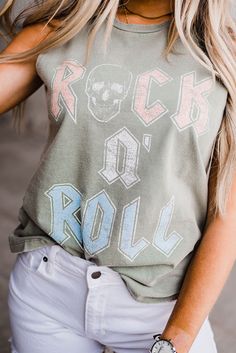 Green Rock N' Roll Skull Print Sleeveless Top Casual Graphic Print Vest For Fall, Casual Vest With Graphic Print For Fall, Edgy Skull Print Sleeveless Tank Top, Punk Sleeveless Tops For Fall, Sleeveless Skull Print Top For Summer, Sleeveless Summer Top With Skull Print, Trendy Sleeveless Top For Concert, Summer Tank Top With Skull Print, Summer Skull Print Tank Top