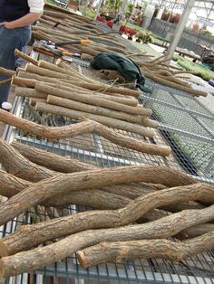 several branches are stacked on top of each other in a wire rack, and one person is standing next to them