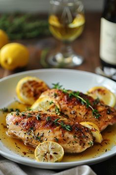 chicken with lemons and herbs on a white plate