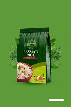 a bag of basmati rice on a green background