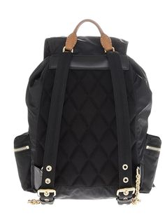 The Burberry Large 'Rucksack' Backpack, crafted with sustainable nylon and leather trims, measures 15.5 x 15.4 x 9.5 inches. Its black color and sophisticated design make it a statement piece. It features a drawstring fastening, top handle, adjustable shoulder straps, padded back, and multiple pockets for storage. Made in Italy, it is finished with beige buckle detailing, gold-toned hardware, and a logo plaque in gold-tone letters. Dimensions: 15.5 x 15.4 x 9.5 inches; Color: Black. Sustainable Designer Nylon School Backpack, Designer Nylon Backpack For Everyday, Designer Black Nylon Backpack, Designer Black Backpack With Leather Trim, Luxury Nylon Backpack, Black Travel Bag With Removable Padding, Designer Nylon Backpack For Travel, Luxury Travel Backpack With Leather Trim, Travel Bag With Removable Padding In Black