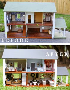 before and after photos of a doll house