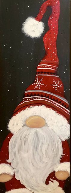 a painting of santa claus on a black background with snow flakes and stars in the sky