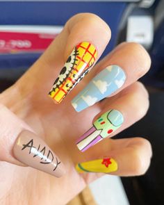 Toystory Nails Acrylic, Characters Nails Design, Disney Character Acrylic Nails, Monsters Inc Acrylic Nails, Fall Cartoon Nails, Monsters Inc Nails Acrylic, Wall E Nails, Pixar Nails Acrylic, Nail Art Themes