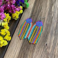 Hippie Cool Colorful Seed Bead Earrings Funky Neon Earrings - Etsy Funky Beaded Earrings, Neon Beaded Earrings, Native American Beading Patterns, Neon Earrings, Seed Bead Art, Earrings Funky, Sugar Skull Earrings, Dangle Earrings Boho, Brick Stitch Earrings