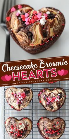 heart shaped chocolate brownie hearts on a cooling rack with the words cheesecake brownie hearts above them