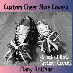 Custom Cheer Shoe Covers with Stacked Bow - Pattern Cover - Made to Order Covers are made with quilting cotton on the tops and and vinyl on the bottom.  Ribbon Cheer shoe covers and bows can be made in a variety of colors and prints.  If the color combination you are looking for is not here, please message me to see if I can get it. Bows are made from two ribbons stacked together, and all bows are sewn onto shoe covers, unless otherwise requested. Personalization Box: --Please select (1) numbered ribbon from pictures and (1) Solid Ribbon from pictures for the bows, OR tell me your team colors and I will chose ribbons for you.  I will make every attempt to keep listing up to date with available ribbons, however, If a ribbon you selected is no longer available, I will notify you as soon as p Cheer Shoe Covers, Cheer Shoes, Girls Sports, Bow Pattern, Shoe Covers, Sport Girl, Cotton On, Color Combination, Ribbon Bows