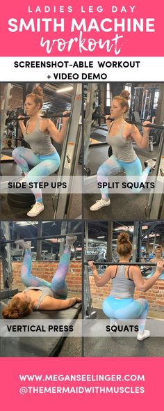 a woman doing squats on a bench with the text smith machine workout for beginners