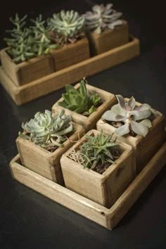 three wooden planters filled with succulents on top of a black table