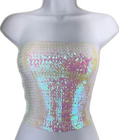 Glamorous Bandeau Sequin Crop Top, Strapless Sequined Crop Top For Summer, Strapless Sequin Tops For Party Season, Glamorous Stretch Sequin Fabric For Summer, Glamorous White Sequined Crop Top, Glamorous Sequined Summer Tube Top, Summer Sequined Bandeau Tops, Sequin Bandeau Top For Summer, Strapless Fitted Sequin Crop Top