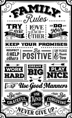 a black and white poster with the words family rules