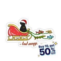 a sticker with a dog in a sleigh and fish on it's back