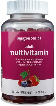 Amazon Basics Adult Multivitamin, 150 Gummies, 75-Day Supply, Mixed Berry & Cherry (Previously Solimo) Womens Vitamins, Berry And Cherry, Multivitamin For Women, Vitamins For Energy, Men's Vitamins, Gummy Vitamins, Health Routine, Berry Juice, B 12