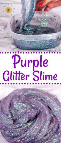 purple glitter slime is in a plastic container