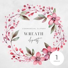 watercolor wreath clipart with pink flowers and leaves