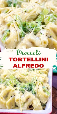 broccoli tortellini alfredo in a red and white dish