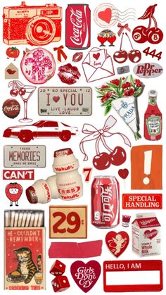 an assortment of valentine's day stickers and magnets on a white background