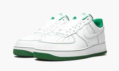 The Nike Air Force 1 Low “Contrast Stitch - Pine Green” is a modified version of the iconic “White on White” colorway of the retro basketball and lifestyle shoe.  This colorway with Pine Green accents is one of several designs that make up Nike’s “Contrast Stitch” collection, a series that puts a subtle spin on the venerable low-top silhouette.  White leather appears on the perforated toe, mid-panel, and heel.  Pine Green contrast stitching outlines the panels on the upper and borders the Swoosh Retro Basketball, Nike Air Force 1 Low, Stadium Goods, White Pine, Pine Green, Handbag Wallet, Shoe Art, Air Force 1 Low, Green Accents