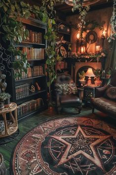 a living room filled with furniture and lots of plants on the wall next to bookshelves