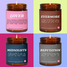 three candles with the words love, evermore, and repuptation written on them