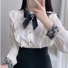 Elegant Bowknot Lace Tops Turn down Collar on Storenvy Korean Patchwork, Classic Blouse, Victorian Blouse, Women Chiffon Blouse, Gothic Shirts, Shirt Korean, Classic Blouses, Stylish Blouse, Lace Ribbon