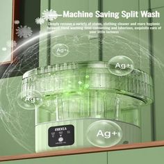 the machine saving split wash is displayed in front of a green wall with snowflakes on it