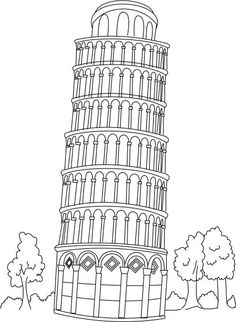 the leaning tower of pisa in italy coloring page for kids and adults, with trees around it