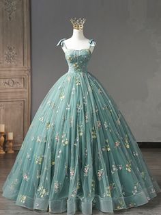 Green Floral Tulle Long Prom Dress Strawberry Prom Dress, Fairy Gown Prom, Sage Green Ball Gown, Long Sweet 16 Dresses, Flower Ball Gown, Fairy Ball Gown, Fairy Ball, Fairy Gown, Green Ball Gown