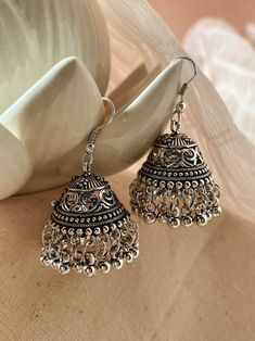 Silver Oxidized Jhumkas For Party, Vintage Silver Jhumkas For Festive Occasions, Junk Jwellary, Bollywood Style Silver Oxidized Jhumkas, Eid Jewellery, Silver Oxidized Bollywood Jhumkas, Bling Empire, Desi Jewellery, Vintage Silver Oxidized Danglers