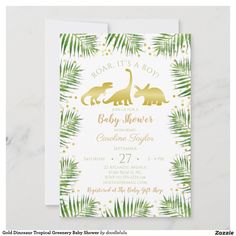 an animal themed baby shower is featured in this green and gold printable card with palm leaves