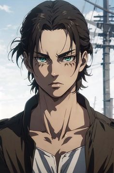 an anime character with long hair and green eyes standing in front of a power line