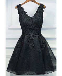 Shop affordable chic short little black lace prom homecoming dress v-neck sleeveless online. Custom-made any plus size or color. Pro since 2009. Homecoming Dresses Short Black, Black Lace Party Dress, Black Prom Dress Short, Black Lace Prom Dress, Prom Dress Black, Cute Homecoming Dresses, Evening Mini Dresses, Black Homecoming Dress, Cheap Homecoming Dresses