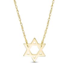 Honor your faith and heritage with this traditional necklace. Created in 14K gold, this significant design simply gleams with a sculpted Star of David. Buffed to a brilliant luster, this look suspends centered along a 16.0-inch rope chain with 2.0-inch extender that secures with a spring-ring clasp. Star Of David Necklace, Traditional Necklace, Necklace Clasps, Star Of David, Chain Ring, Rope Chain, Necklace Designs, Spring Rings, Gold Metal