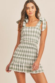 Dolce Vita Sage Gingham Tie-Strap Mini Dress - BohoPink Sunset Blush, Boho Beach Outfit, Tie Strap Dress, Bohemian Boutique, Boutique Clothing Store, Boho Pink, Boho Boutique, Darling Dress, Ruffle Mini Dress