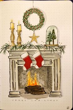 a drawing of a fireplace with stockings on it and christmas decorations around the fire place