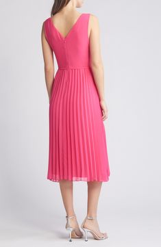 An accordion-pleated skirt lends graceful movement to this sleeveless midi that's balanced by a fitted V-neck bodice. V-neck Sleeveless Lined 100% polyester Dry clean Imported Graceful Movement, Pleat Dress, Pretty Pink, Nordstrom Dresses, Pleated Dress, Sam Edelman, Pleated Skirt, Pretty In Pink, Bodice